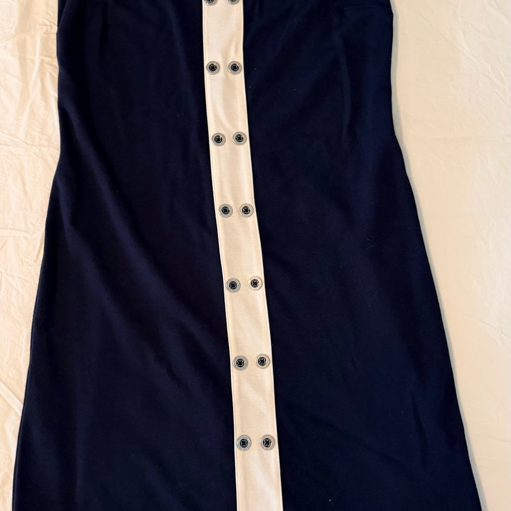 Michael Kors Sheath Dress 4p Petite Navy White Trim Buttons Sleeveless